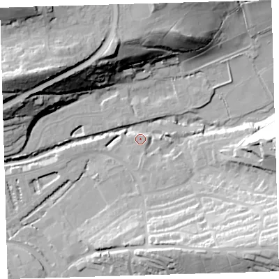 Shaded relief map of the ground around EX314JF, computed from Environment Agency LiDAR. The ground here sits at about 9 m above sea level and falls 43 m across the surrounding 800 m. Surface water reaching this point runs off ground lying to the south, 0.8 m higher.