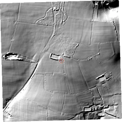 Shaded relief map of the ground around EX314JZ, computed from Environment Agency LiDAR. The ground here sits at about 226 m above sea level and falls 72 m across the surrounding 800 m. Surface water reaching this point runs off ground lying to the north, 7.6 m higher.