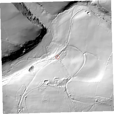 Shaded relief map of the ground around EX314LN, computed from Environment Agency LiDAR. The ground here sits at about 129 m above sea level and falls 82 m across the surrounding 800 m. Surface water reaching this point runs off ground lying to the south-east, 66.0 m higher.