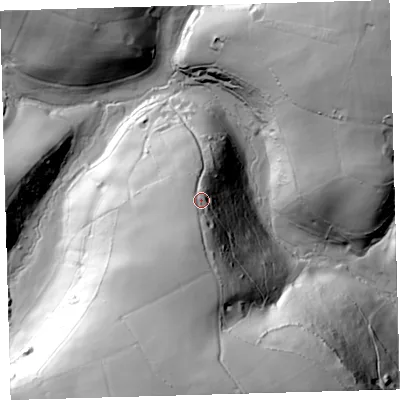 Shaded relief map of the ground around EX314LZ, computed from Environment Agency LiDAR. The ground here sits at about 189 m above sea level and falls 89 m across the surrounding 800 m. Surface water reaching this point runs off ground lying to the south-south-west, 16.0 m higher.