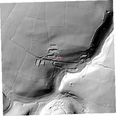 Shaded relief map of the ground around EX314NA, computed from Environment Agency LiDAR. The ground here sits at about 182 m above sea level and falls 81 m across the surrounding 800 m. Surface water reaching this point runs off ground lying to the north, 47.6 m higher.