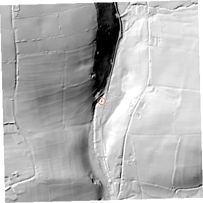 Shaded relief map of the ground around EX314NF, computed from Environment Agency LiDAR. The ground here sits at about 161 m above sea level and falls 75 m across the surrounding 800 m. Surface water reaching this point runs off ground lying to the north-north-west, 64.1 m higher.