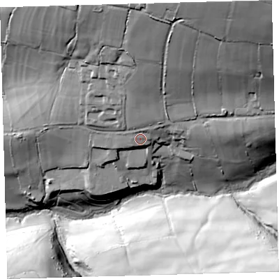 Shaded relief map of the ground around EX314NL, computed from Environment Agency LiDAR. The ground here sits at about 204 m above sea level and falls 103 m across the surrounding 800 m. Surface water reaching this point runs off ground lying to the north-east, 2.7 m higher.