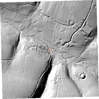 Shaded relief map of the ground around EX314PE, computed from Environment Agency LiDAR. The ground here sits at about 192 m above sea level and falls 79 m across the surrounding 800 m. Surface water reaching this point runs off ground lying to the south-west, 70.0 m higher.