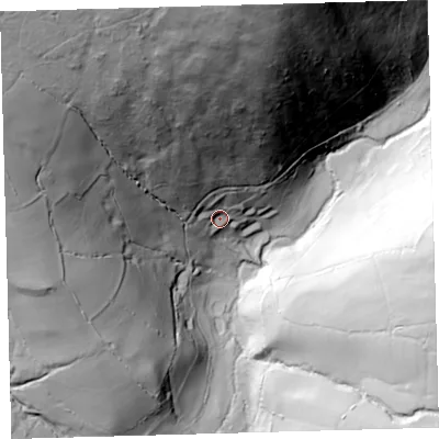 Shaded relief map of the ground around EX314PL, computed from Environment Agency LiDAR. The ground here sits at about 130 m above sea level and falls 165 m across the surrounding 800 m. Surface water reaching this point runs off ground lying to the north-north-west, 130.8 m higher.
