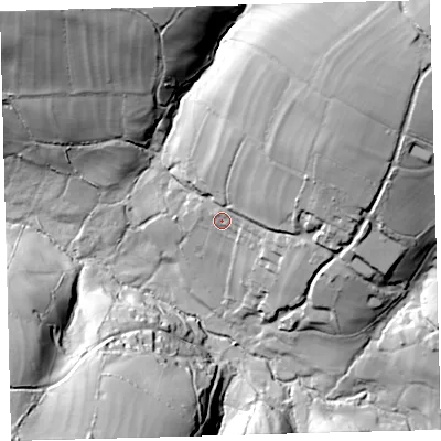 Shaded relief map of the ground around EX314PR, computed from Environment Agency LiDAR. The ground here sits at about 211 m above sea level and falls 83 m across the surrounding 800 m. Surface water reaching this point runs off ground lying to the north-east, 50.4 m higher.