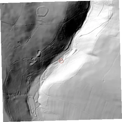 Shaded relief map of the ground around EX314PU, computed from Environment Agency LiDAR. The ground here sits at about 156 m above sea level and falls 162 m across the surrounding 800 m. Surface water reaching this point runs off ground lying to the north-west, 131.9 m higher.