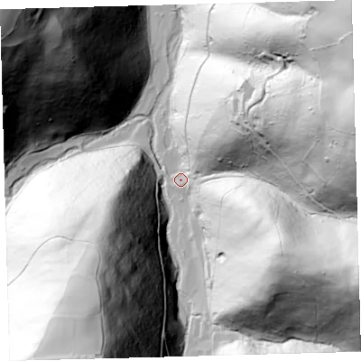 Shaded relief map of the ground around EX314PY, computed from Environment Agency LiDAR. The ground here sits at about 46 m above sea level and falls 176 m across the surrounding 800 m. Surface water reaching this point runs off ground lying to the east-north-east, 141.6 m higher.