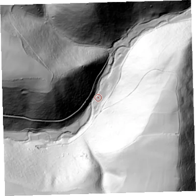 Shaded relief map of the ground around EX314QA, computed from Environment Agency LiDAR. The ground here sits at about 58 m above sea level and falls 158 m across the surrounding 800 m. Surface water reaching this point runs off ground lying to the west-north-west, 141.7 m higher.