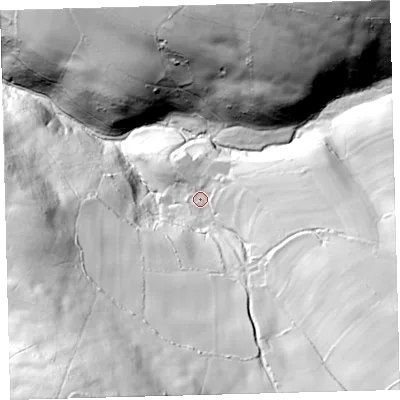 Shaded relief map of the ground around EX314QW, computed from Environment Agency LiDAR. The ground here sits at about 195 m above sea level and falls 146 m across the surrounding 800 m. Surface water reaching this point runs off ground lying to the south-east, 63.5 m higher.