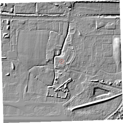 Shaded relief map of the ground around EX314RB, computed from Environment Agency LiDAR. The ground here sits at about 7 m above sea level and falls 10 m across the surrounding 800 m. Surface water reaching this point runs off ground lying to the north-north-east, 1.6 m higher.