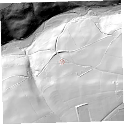 Shaded relief map of the ground around EX314RU, computed from Environment Agency LiDAR. The ground here sits at about 140 m above sea level and falls 98 m across the surrounding 800 m. Surface water reaching this point runs off ground lying to the east-south-east, 47.6 m higher.