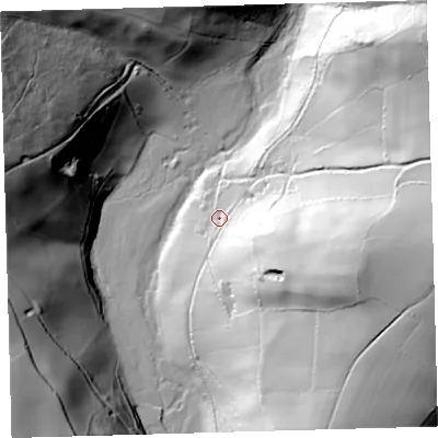 Shaded relief map of the ground around EX314ST, computed from Environment Agency LiDAR. The ground here sits at about 89 m above sea level and falls 99 m across the surrounding 800 m. Surface water reaching this point runs off ground lying to the east-south-east, 54.3 m higher.