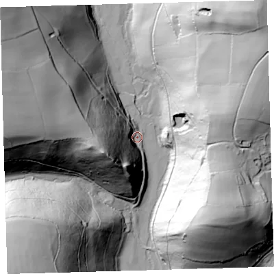 Shaded relief map of the ground around EX314SZ, computed from Environment Agency LiDAR. The ground here sits at about 71 m above sea level and falls 94 m across the surrounding 800 m. Surface water reaching this point runs off ground lying to the west-south-west, 65.2 m higher.