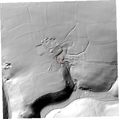 Shaded relief map of the ground around EX314TW, computed from Environment Agency LiDAR. The ground here sits at about 272 m above sea level and falls 83 m across the surrounding 800 m. Surface water reaching this point runs off ground lying to the north, 37.7 m higher.