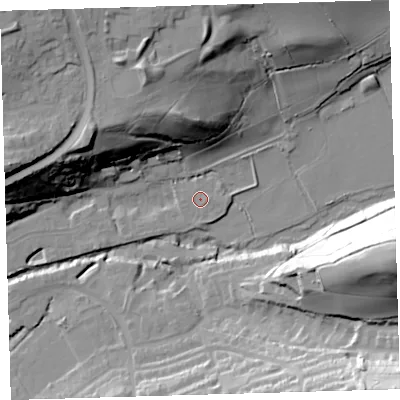Shaded relief map of the ground around EX314UX, computed from Environment Agency LiDAR. The ground here sits at about 8 m above sea level and falls 55 m across the surrounding 800 m. Surface water reaching this point runs off ground lying to the east-south-east, 1.0 m higher.