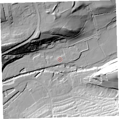 Shaded relief map of the ground around EX314UY, computed from Environment Agency LiDAR. The ground here sits at about 7 m above sea level and falls 46 m across the surrounding 800 m. Surface water reaching this point runs off ground lying to the east-north-east, 2.8 m higher.