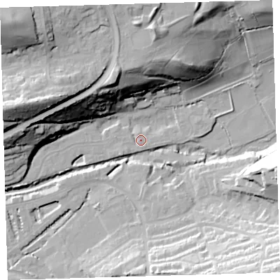 Shaded relief map of the ground around EX314UZ, computed from Environment Agency LiDAR. The ground here sits at about 7 m above sea level and falls 47 m across the surrounding 800 m. Surface water reaching this point runs off ground lying to the east-north-east, 3.0 m higher.
