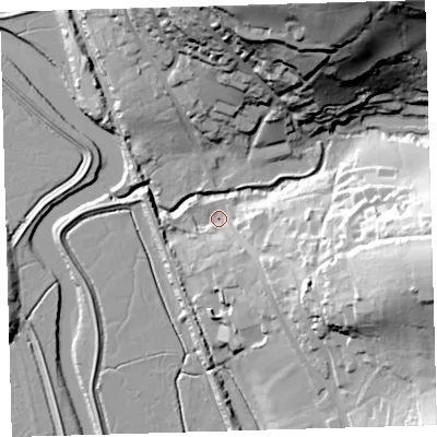 Shaded relief map of the ground around EX320AA, computed from Environment Agency LiDAR. The ground here sits at about 6 m above sea level and falls 60 m across the surrounding 800 m. Surface water reaching this point runs off ground lying to the east-south-east, 45.3 m higher.