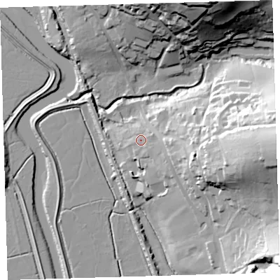 Shaded relief map of the ground around EX320AB, computed from Environment Agency LiDAR. The ground here sits at about 13 m above sea level and falls 61 m across the surrounding 800 m. Surface water reaching this point runs off ground lying to the east, 3.1 m higher.
