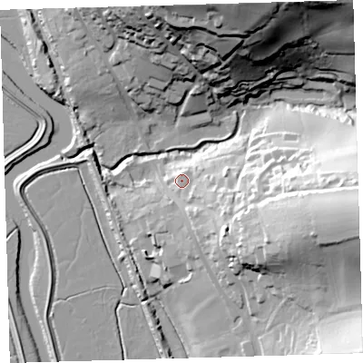 Shaded relief map of the ground around EX320AD, computed from Environment Agency LiDAR. The ground here sits at about 13 m above sea level and falls 57 m across the surrounding 800 m. Surface water reaching this point runs off ground lying to the east-south-east, 12.7 m higher.