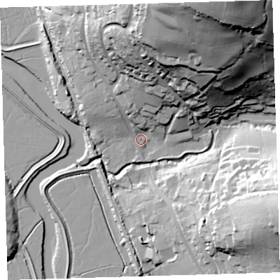 Shaded relief map of the ground around EX320AE, computed from Environment Agency LiDAR. The ground here sits at about 6 m above sea level and falls 84 m across the surrounding 800 m. Surface water reaching this point runs off ground lying to the north, 65.4 m higher.