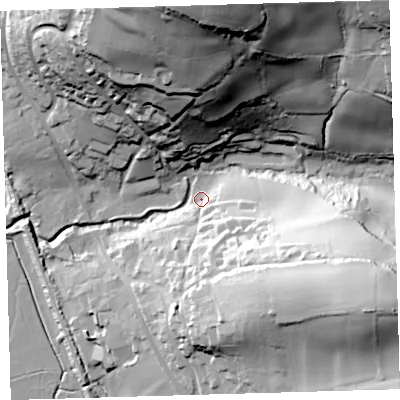 Shaded relief map of the ground around EX320BH, computed from Environment Agency LiDAR. The ground here sits at about 6 m above sea level and falls 80 m across the surrounding 800 m. Surface water reaching this point runs off ground lying to the north, 77.5 m higher.