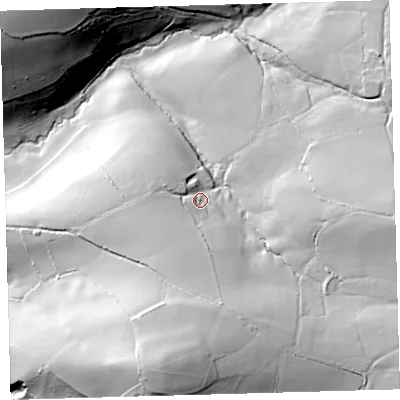 Shaded relief map of the ground around EX320ER, computed from Environment Agency LiDAR. The ground here sits at about 58 m above sea level and falls 72 m across the surrounding 800 m. Surface water reaching this point runs off ground lying to the south, 33.4 m higher.