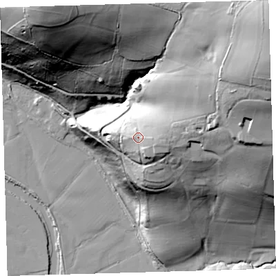 Shaded relief map of the ground around EX320ES, computed from Environment Agency LiDAR. The ground here sits at about 53 m above sea level and falls 92 m across the surrounding 800 m. Surface water reaching this point runs off ground lying to the east-south-east, 5.1 m higher.