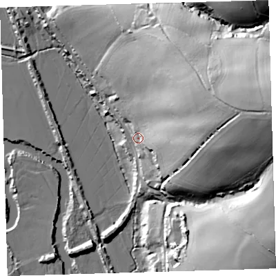 Shaded relief map of the ground around EX320EW, computed from Environment Agency LiDAR. The ground here sits at about 19 m above sea level and falls 75 m across the surrounding 800 m. Surface water reaching this point runs off ground lying to the east, 46.6 m higher.