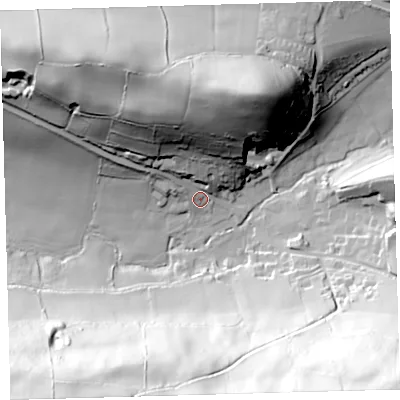 Shaded relief map of the ground around EX320FE, computed from Environment Agency LiDAR. The ground here sits at about 52 m above sea level and falls 100 m across the surrounding 800 m. Surface water reaching this point runs off ground lying to the north, 59.7 m higher.