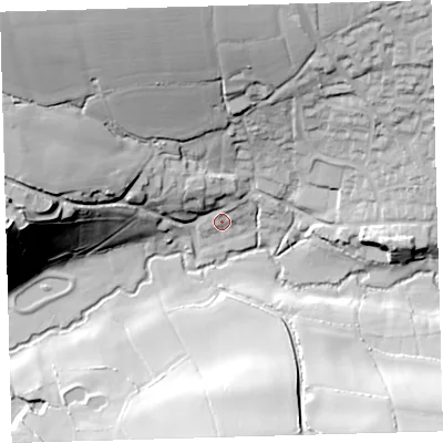 Shaded relief map of the ground around EX320JB, computed from Environment Agency LiDAR. The ground here sits at about 27 m above sea level and falls 51 m across the surrounding 800 m. Surface water reaching this point runs off ground lying to the north-west, 9.5 m higher.