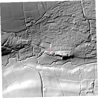 Shaded relief map of the ground around EX320JJ, computed from Environment Agency LiDAR. The ground here sits at about 30 m above sea level and falls 45 m across the surrounding 800 m. Surface water reaching this point runs off ground lying to the north, 24.1 m higher.
