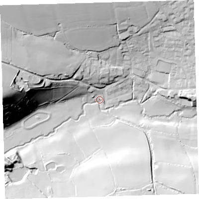 Shaded relief map of the ground around EX320JP, computed from Environment Agency LiDAR. The ground here sits at about 23 m above sea level and falls 66 m across the surrounding 800 m. Surface water reaching this point runs off ground lying to the west, 63.6 m higher.