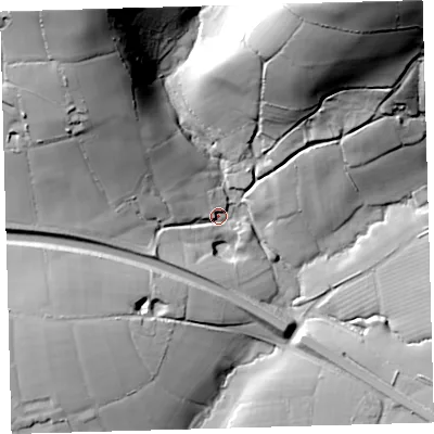 Shaded relief map of the ground around EX320LG, computed from Environment Agency LiDAR. The ground here sits at about 46 m above sea level and falls 89 m across the surrounding 800 m. Surface water reaching this point runs off ground lying to the north-north-west, 62.7 m higher.