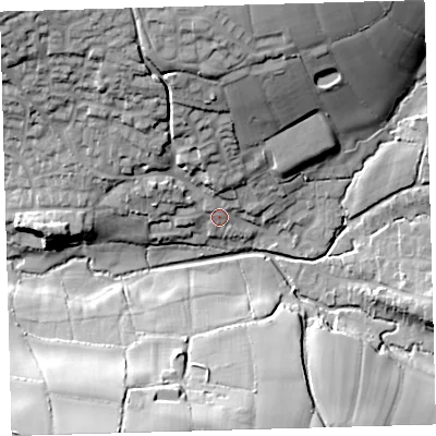 Shaded relief map of the ground around EX320LP, computed from Environment Agency LiDAR. The ground here sits at about 32 m above sea level and falls 34 m across the surrounding 800 m. Surface water reaching this point runs off ground lying to the north-north-west, 24.3 m higher.