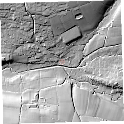 Shaded relief map of the ground around EX320LS, computed from Environment Agency LiDAR. The ground here sits at about 29 m above sea level and falls 37 m across the surrounding 800 m. Surface water reaching this point runs off ground lying to the north-north-west, 21.6 m higher.