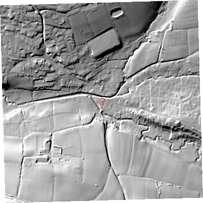 Shaded relief map of the ground around EX320LT, computed from Environment Agency LiDAR. The ground here sits at about 28 m above sea level and falls 45 m across the surrounding 800 m. Surface water reaching this point runs off ground lying to the north-north-west, 25.8 m higher.