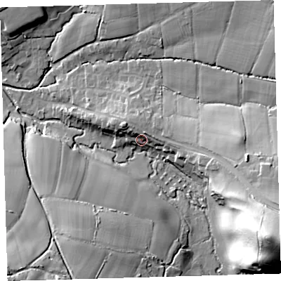 Shaded relief map of the ground around EX320LW, computed from Environment Agency LiDAR. The ground here sits at about 36 m above sea level and falls 53 m across the surrounding 800 m. Surface water reaching this point runs off ground lying to the north-west, 6.8 m higher.