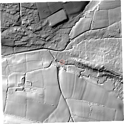 Shaded relief map of the ground around EX320LX, computed from Environment Agency LiDAR. The ground here sits at about 29 m above sea level and falls 57 m across the surrounding 800 m. Surface water reaching this point runs off ground lying to the south-south-west, 41.0 m higher.