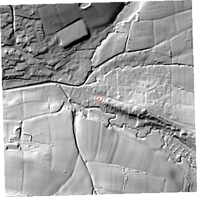 Shaded relief map of the ground around EX320LZ, computed from Environment Agency LiDAR. The ground here sits at about 31 m above sea level and falls 49 m across the surrounding 800 m. Surface water reaching this point runs off ground lying to the east-south-east, 12.2 m higher.