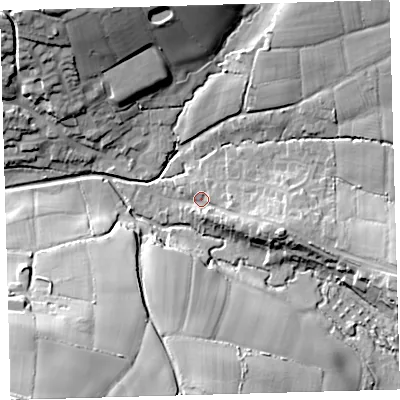Shaded relief map of the ground around EX320ND, computed from Environment Agency LiDAR. The ground here sits at about 31 m above sea level and falls 43 m across the surrounding 800 m. Surface water reaching this point runs off ground lying to the east-south-east, 11.6 m higher.