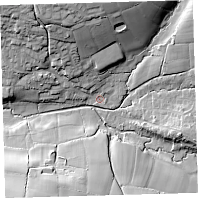 Shaded relief map of the ground around EX320NE, computed from Environment Agency LiDAR. The ground here sits at about 29 m above sea level and falls 36 m across the surrounding 800 m. Surface water reaching this point runs off ground lying to the north-north-west, 13.0 m higher.