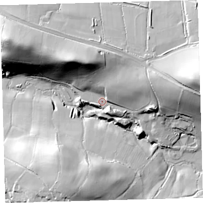 Shaded relief map of the ground around EX320NN, computed from Environment Agency LiDAR. The ground here sits at about 43 m above sea level and falls 49 m across the surrounding 800 m. Surface water reaching this point runs off ground lying to the east-north-east, 26.3 m higher.