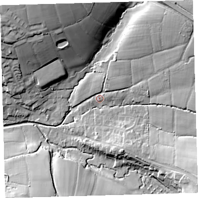 Shaded relief map of the ground around EX320NQ, computed from Environment Agency LiDAR. The ground here sits at about 33 m above sea level and falls 32 m across the surrounding 800 m. Surface water reaching this point runs off ground lying to the north-east, 13.7 m higher.