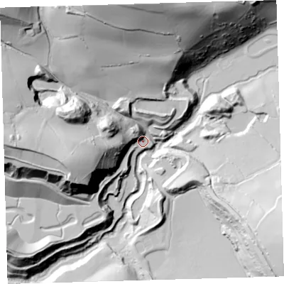 Shaded relief map of the ground around EX320NU, computed from Environment Agency LiDAR. The ground here sits at about 25 m above sea level and falls 91 m across the surrounding 800 m. Surface water reaching this point runs off ground lying to the west-south-west, 61.5 m higher.