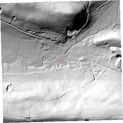 Shaded relief map of the ground around EX320PL, computed from Environment Agency LiDAR. The ground here sits at about 49 m above sea level and falls 122 m across the surrounding 800 m. Surface water reaching this point runs off ground lying to the south, 102.0 m higher.