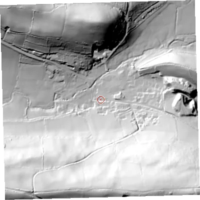 Shaded relief map of the ground around EX320PN, computed from Environment Agency LiDAR. The ground here sits at about 50 m above sea level and falls 123 m across the surrounding 800 m. Surface water reaching this point runs off ground lying to the south-south-east, 114.5 m higher.