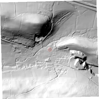 Shaded relief map of the ground around EX320PP, computed from Environment Agency LiDAR. The ground here sits at about 53 m above sea level and falls 102 m across the surrounding 800 m. Surface water reaching this point runs off ground lying to the east, 33.8 m higher.