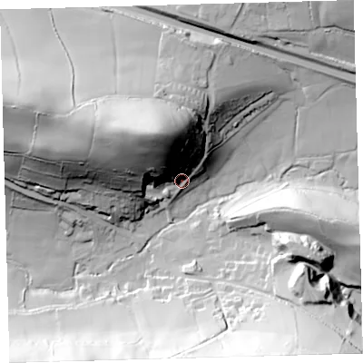 Shaded relief map of the ground around EX320QR, computed from Environment Agency LiDAR. The ground here sits at about 59 m above sea level and falls 72 m across the surrounding 800 m. Surface water reaching this point runs off ground lying to the north-north-west, 53.8 m higher.